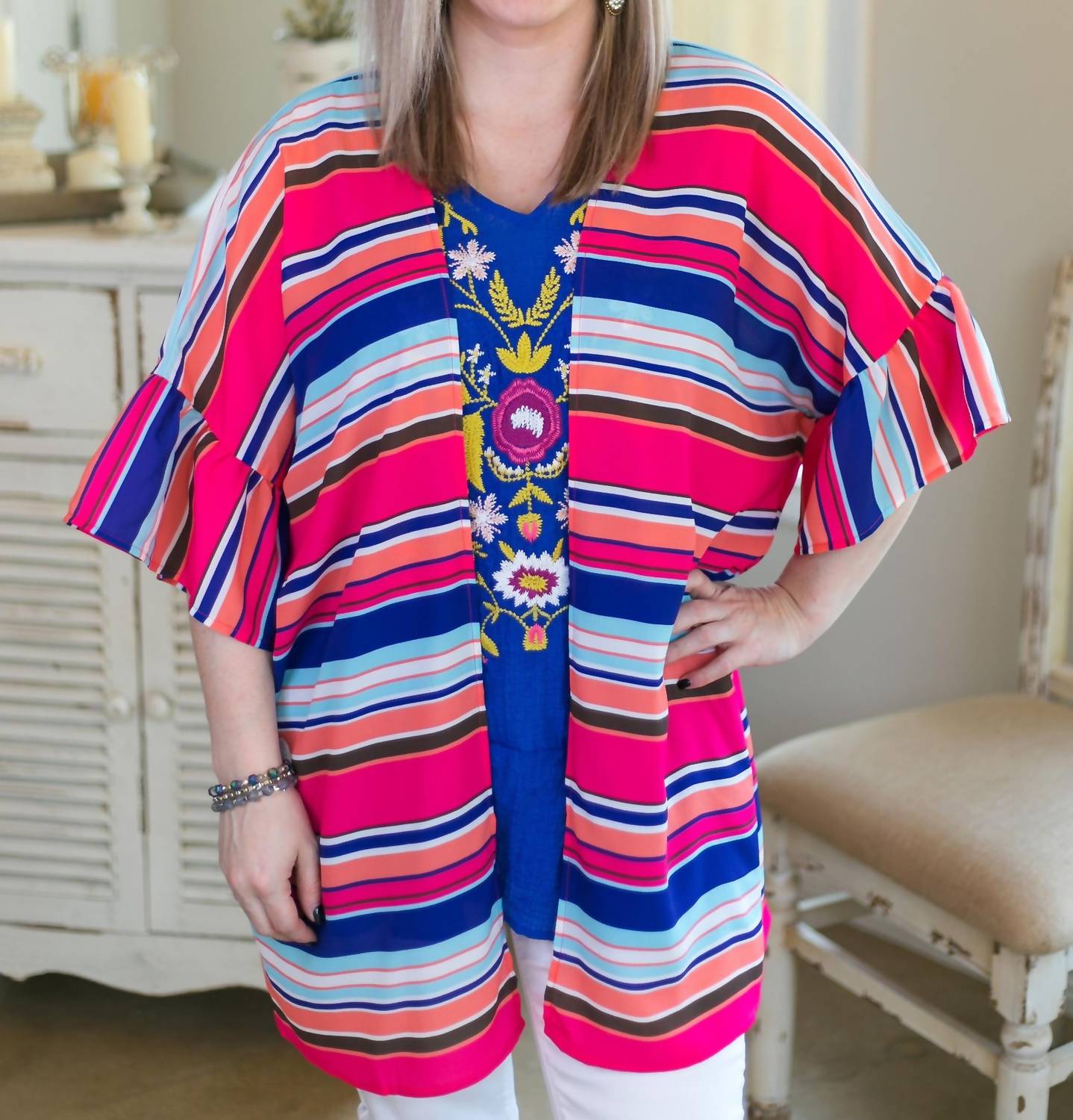 Umgee - Ruffle Sleeve Bright Striped Kimono