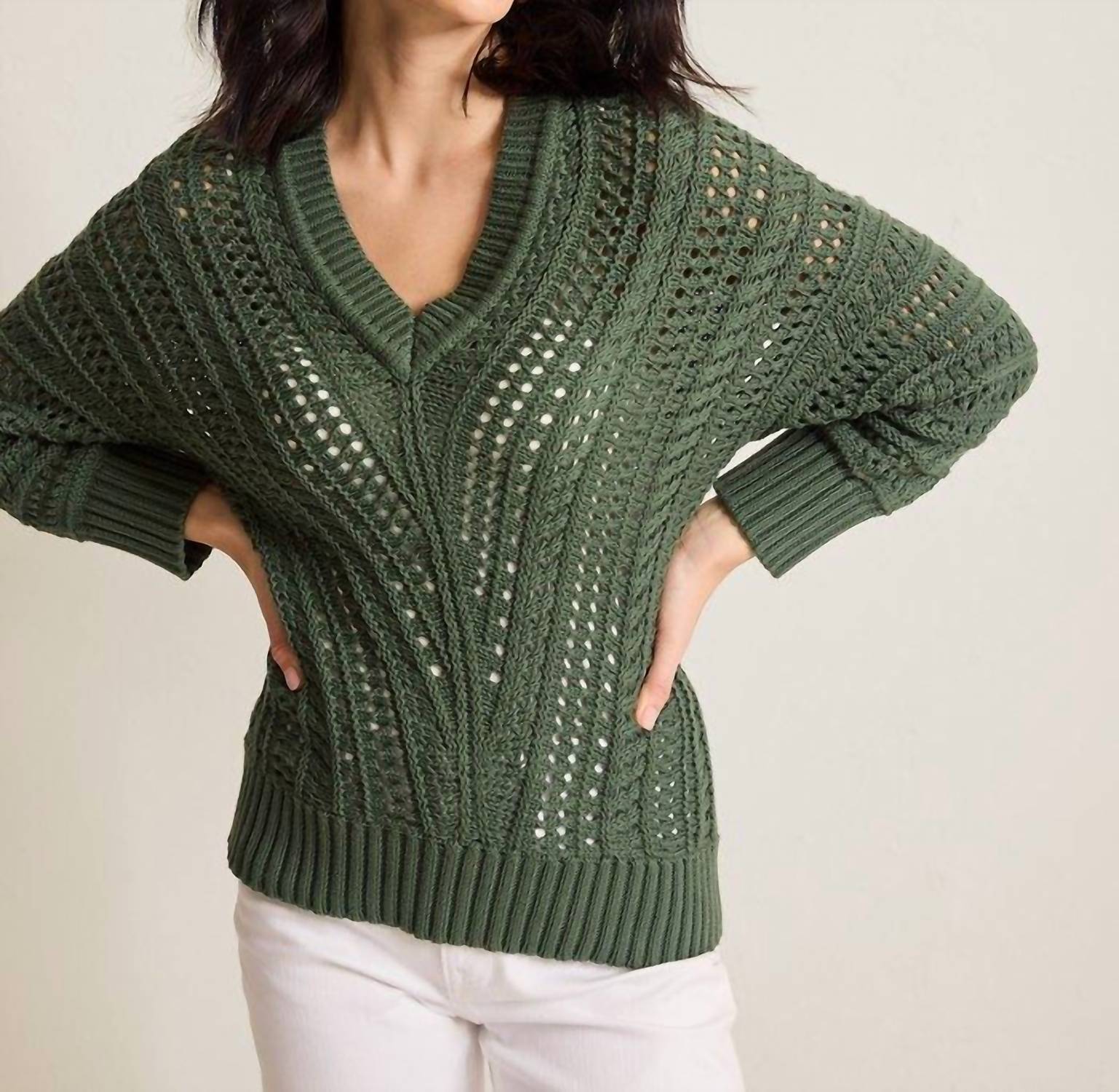 Tommy Bahama - Beachy Cotton Open-stitch V-neck Sweater
