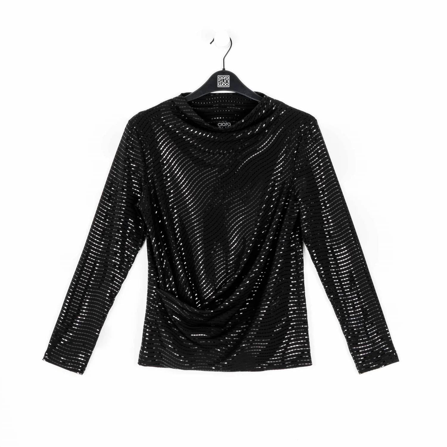 Clara Sunwoo - Shimmer Embellished High Boat Neck Side Draped Top