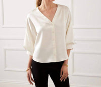 Karen Kane Lantern Sleeve Crystal Rhinestone Button Satin Top in cream - women's blouse - view 5