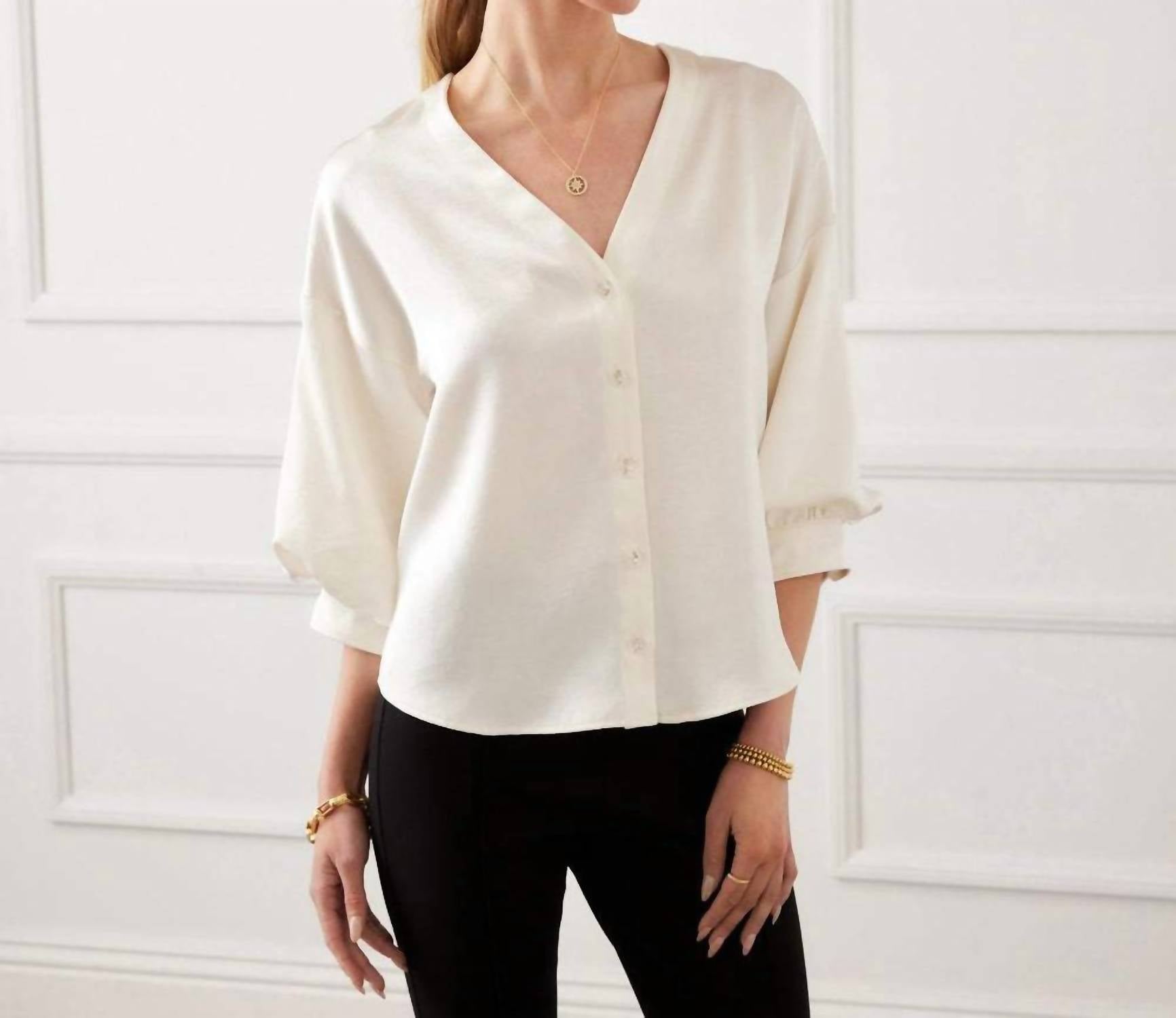 Karen Kane Lantern Sleeve Crystal Rhinestone Button Satin Top in cream - women's blouse - view 5