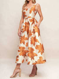 FLYING TOMATO Fall Floral Satin Midi Dress in cream rust - women's dress - alternate view