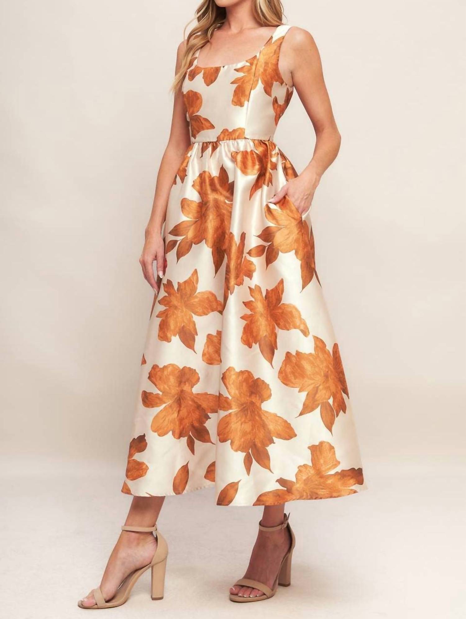 FLYING TOMATO Fall Floral Satin Midi Dress in cream rust - women's dress - alternate view