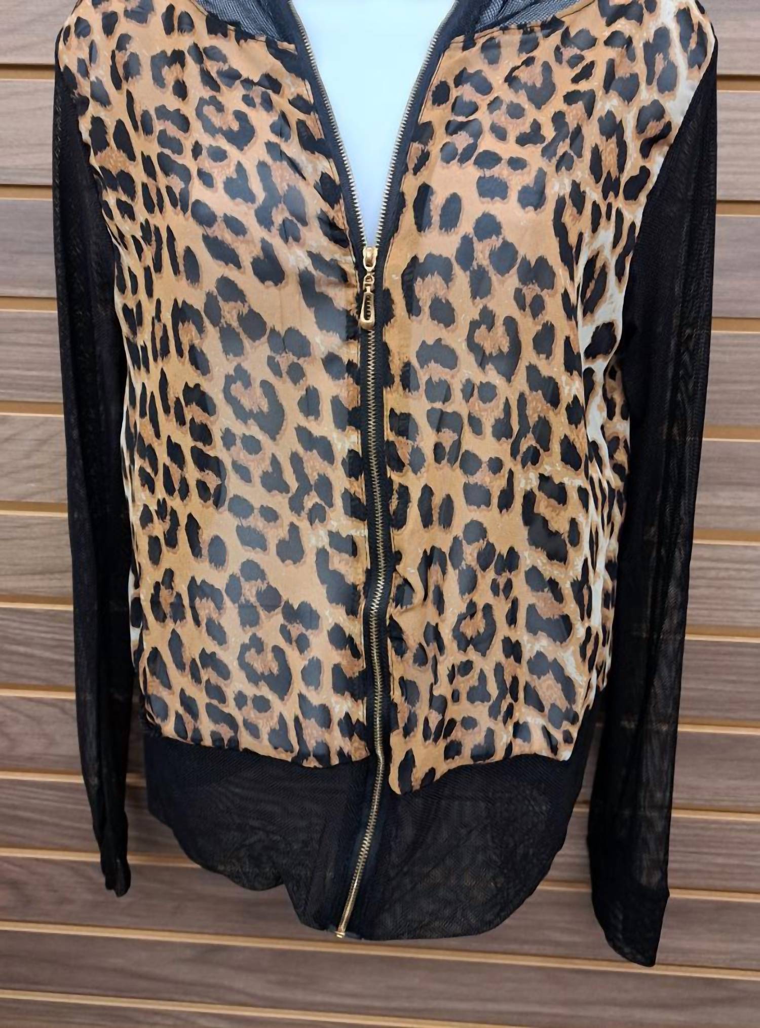 Pinklicious - Women's Leopard Chiffon Black Mesh Zip Up Jacket