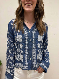 En Creme - Long Sleeve Embroidered Button Down Top