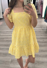 IN-LOOM Eyelet Embroidered Mini Dress in yellow - women's dress - detail view