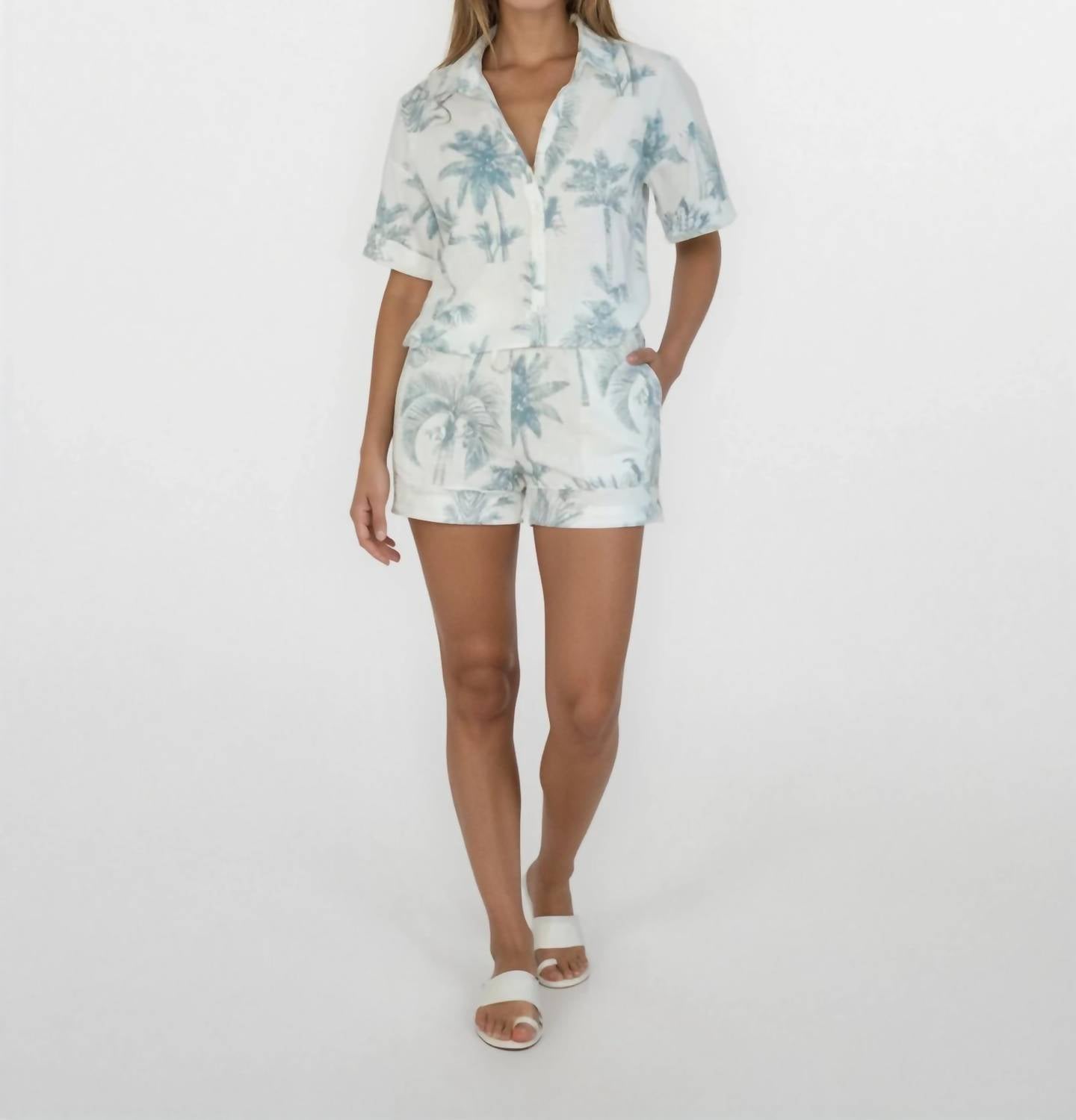 NIBI MTK Polly Cotton Slub Short in faded teal palms - women's shorts - detail view