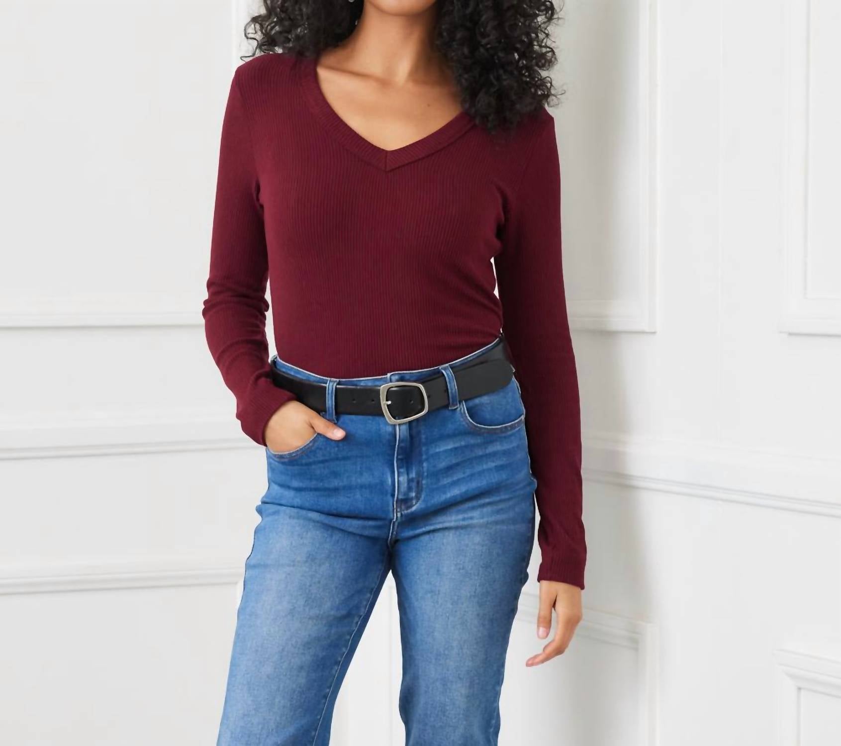 Karen Kane Long Sleeve Ribbed V-Neck Top in wine - women's long sleeve top - view 6