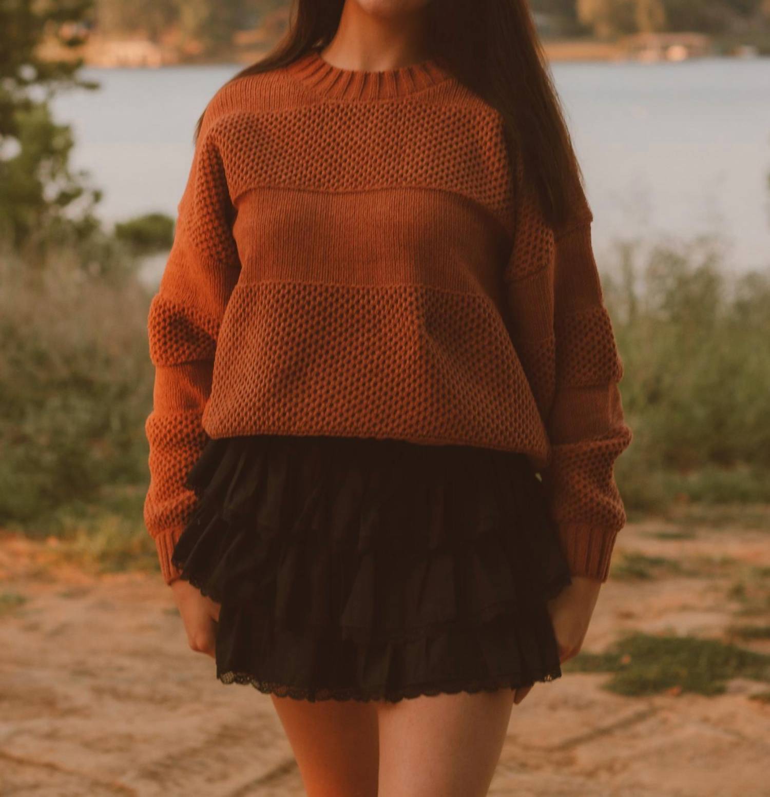 Miss Me Amber Skies Long Sleeve Sweater in brown - women's sweater - detail view