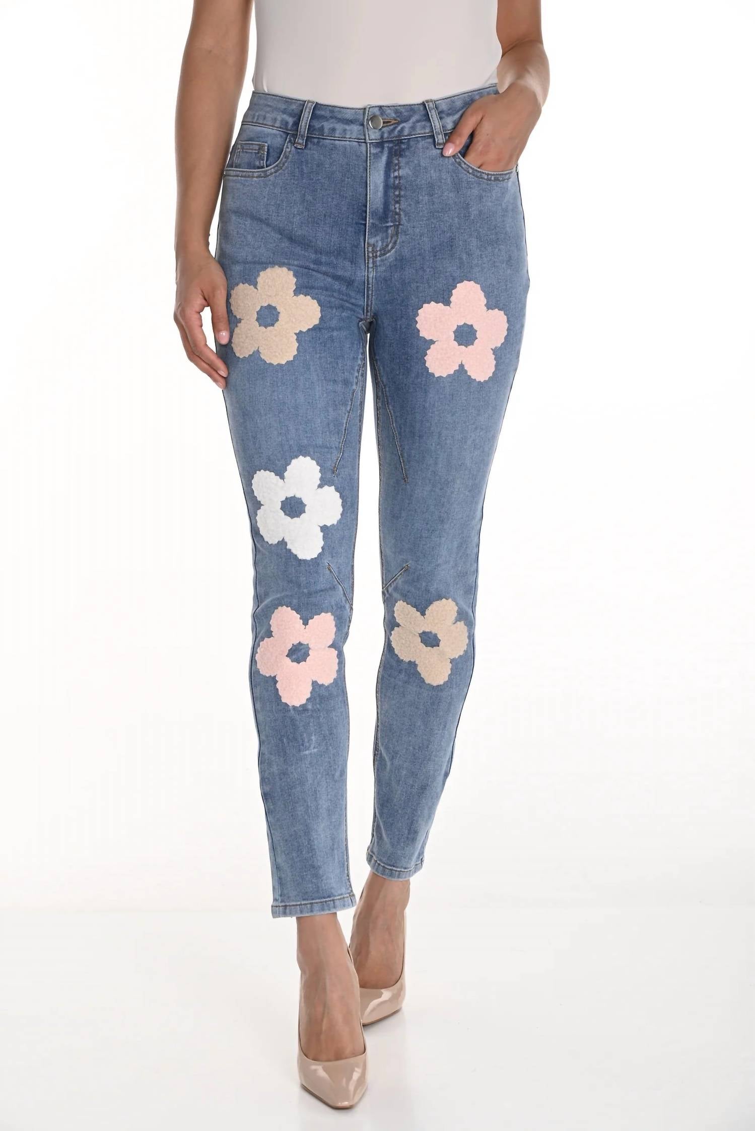 Frank Lyman Freesia Floral Embroidered Denim Jean in light blue pinks and white - women's jeans