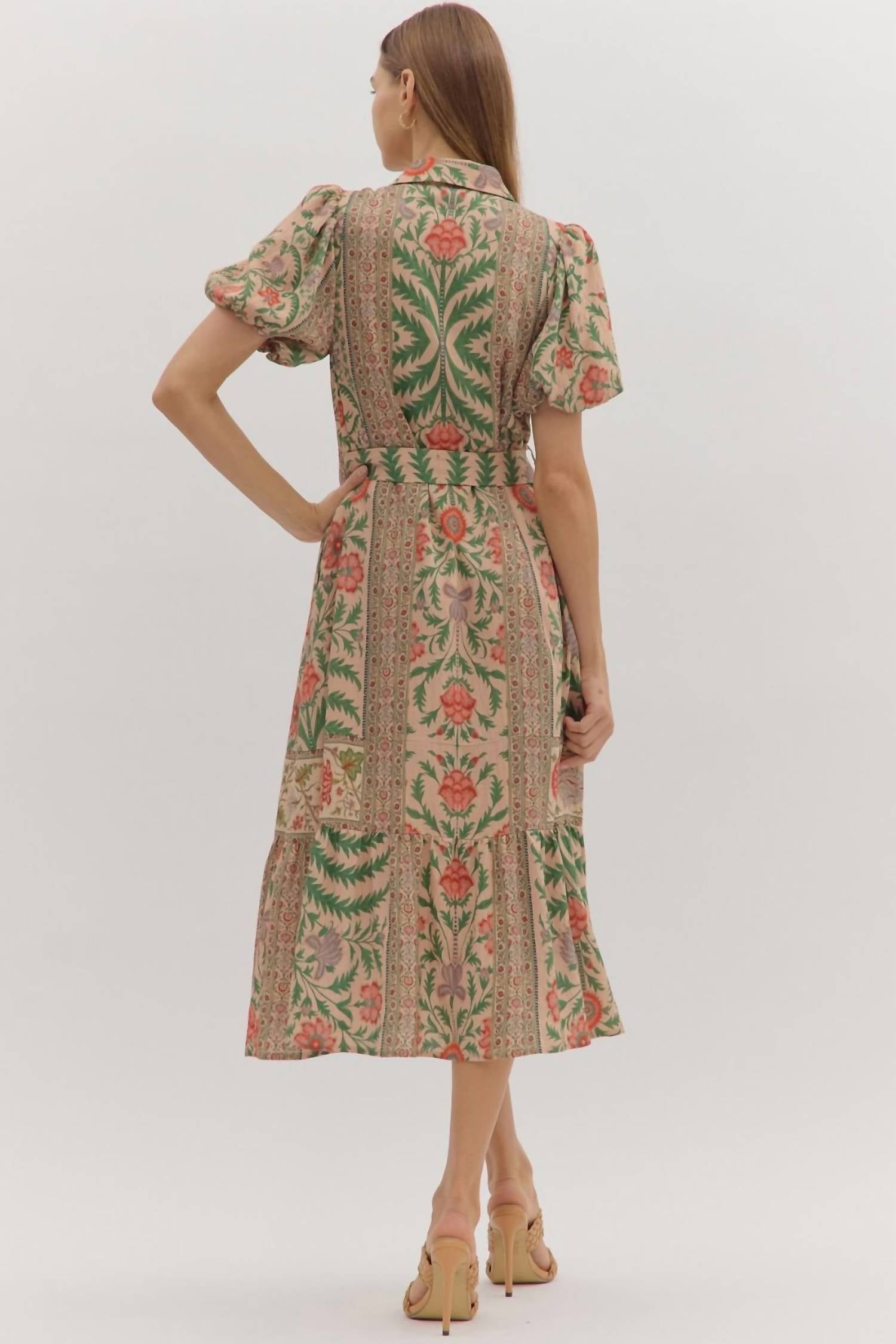 entro Botanical Print Puff Sleeve Midi Dress in natural multi - women's dress - view 4