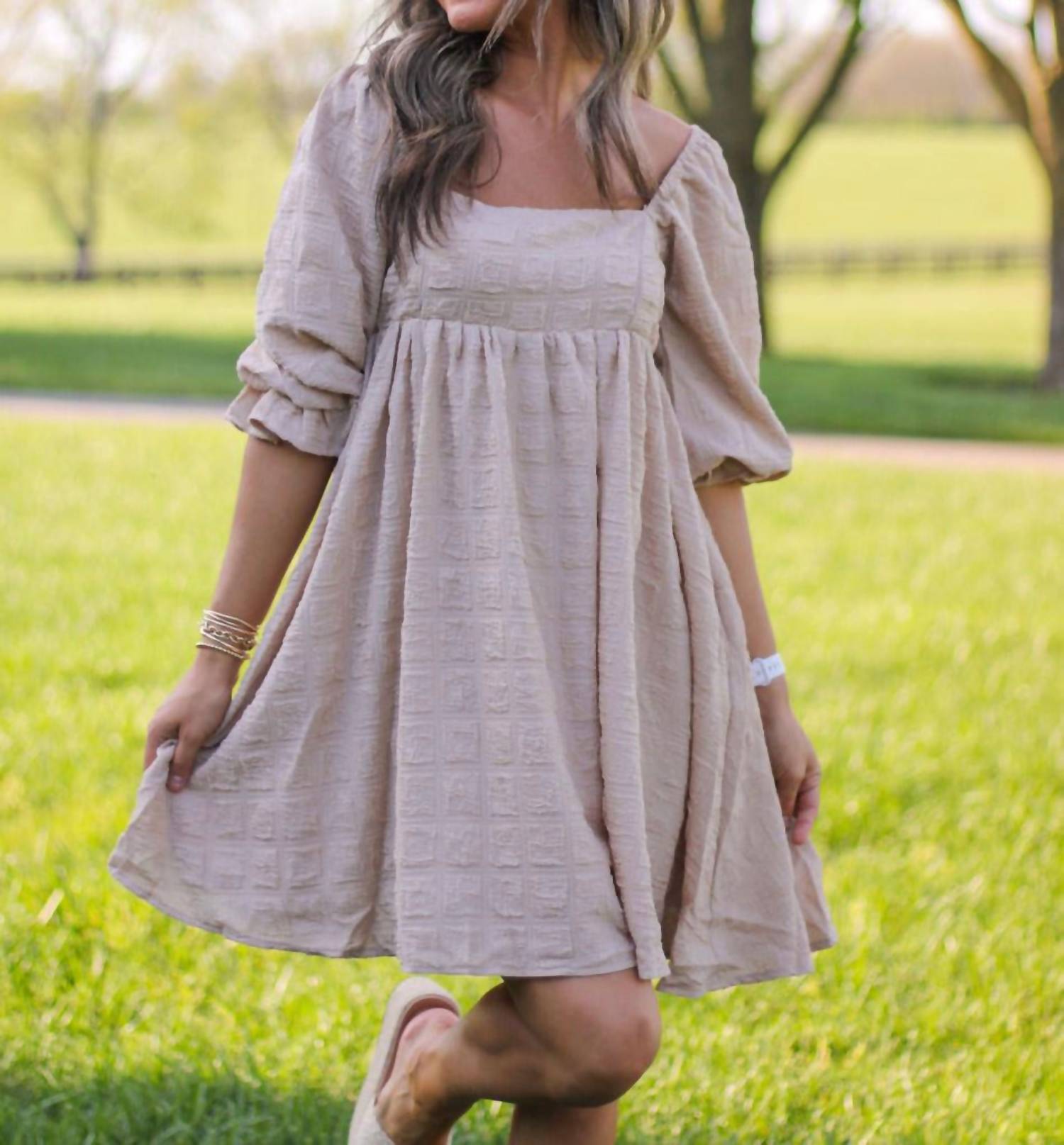 Sweet Lemon Latte Babydoll Dress in beige - women's dress - detail view