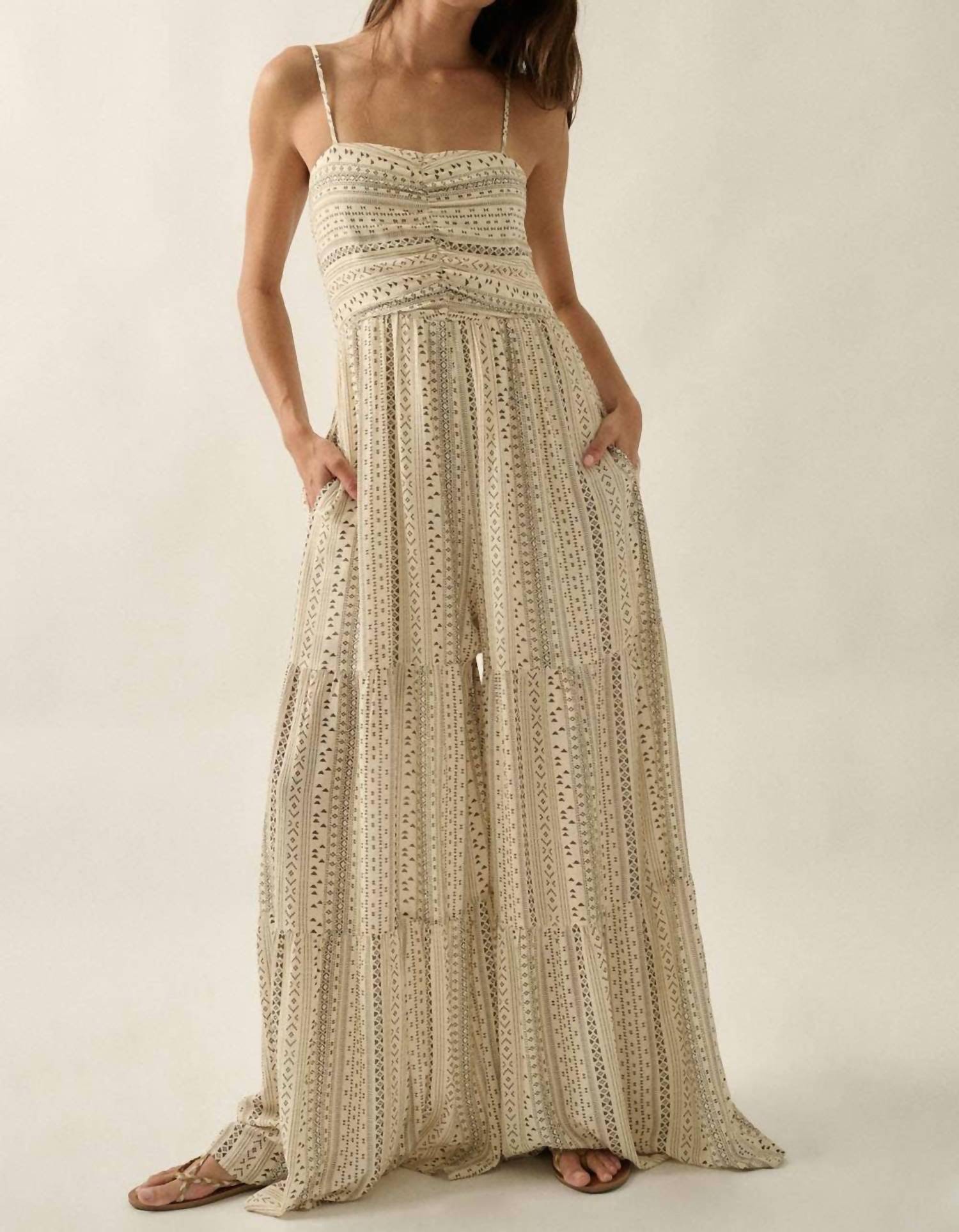 PROMESA Geometric Print Ruched Wide-leg Tiered Ruffle Jumpsuit in oatmeal - women's pants