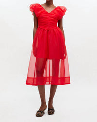 GANNI Textured Organza Long Ruched Dress in marsred - women's dress