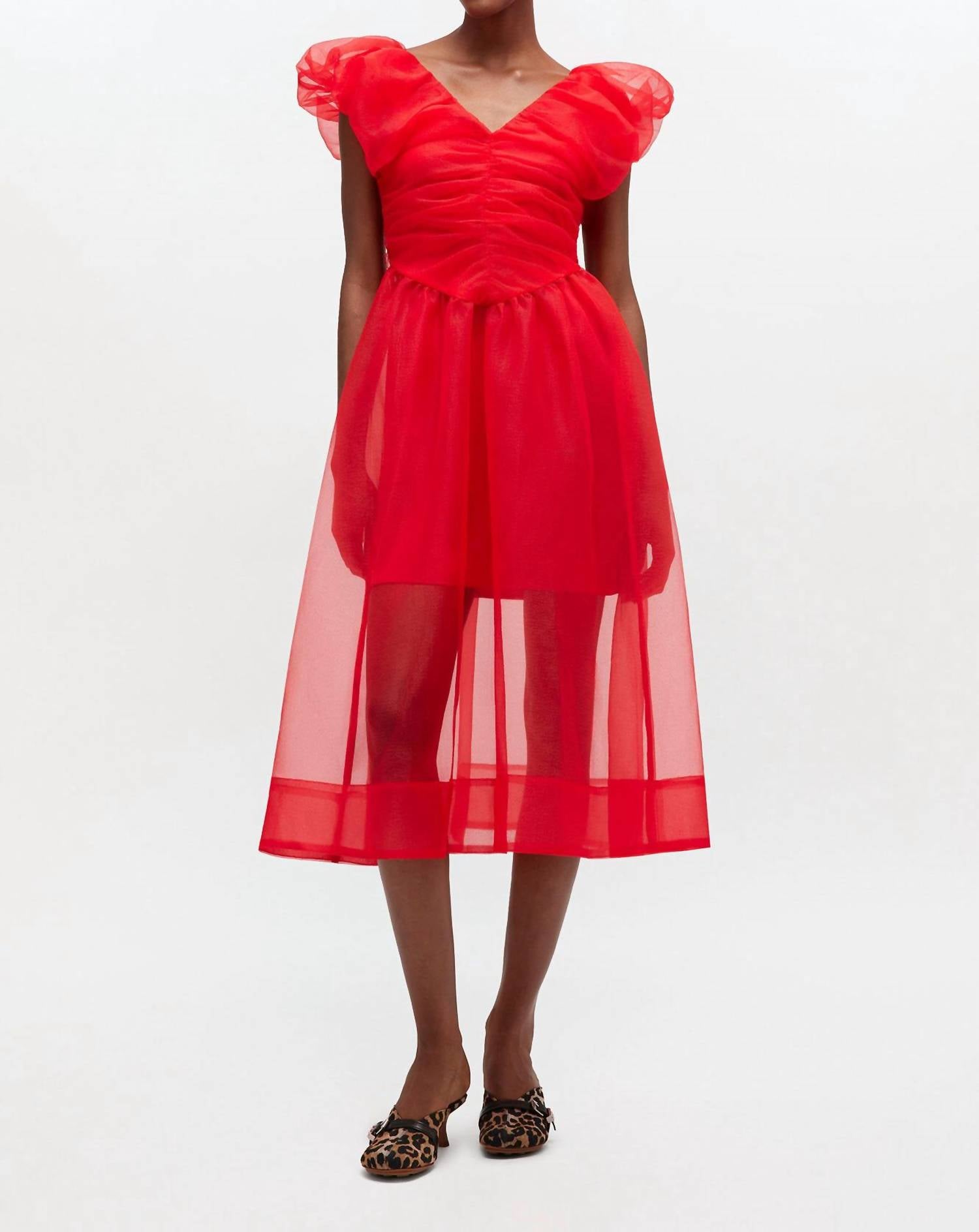 GANNI Textured Organza Long Ruched Dress in marsred - women's dress