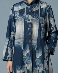 DAMEE Abstract Long Button Patch Coat in navy - women's jacket - detail view