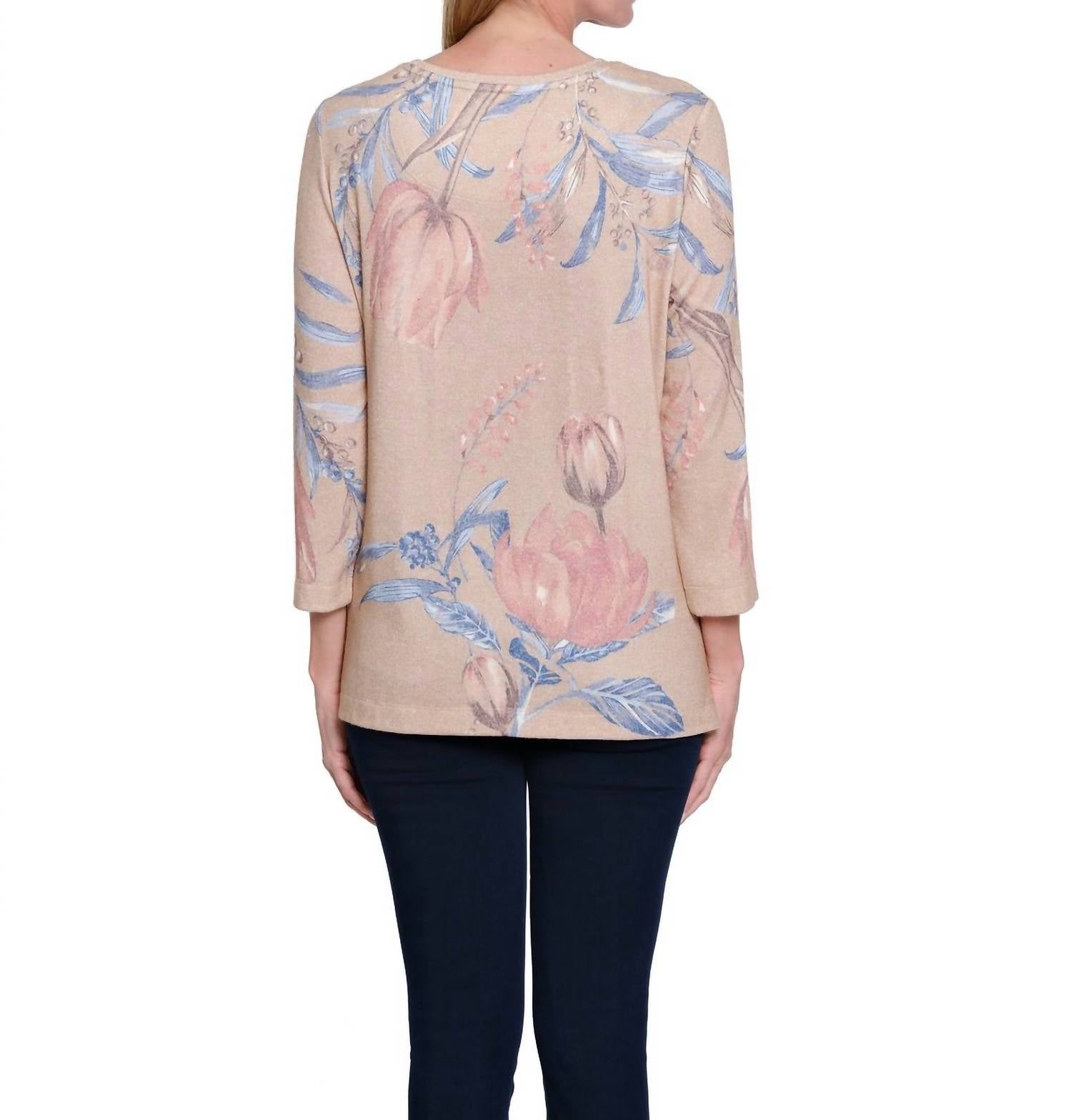 Multiples 3/4 Sleeve Scoop Neck Embellished Top in floral - women's blouse - detail view