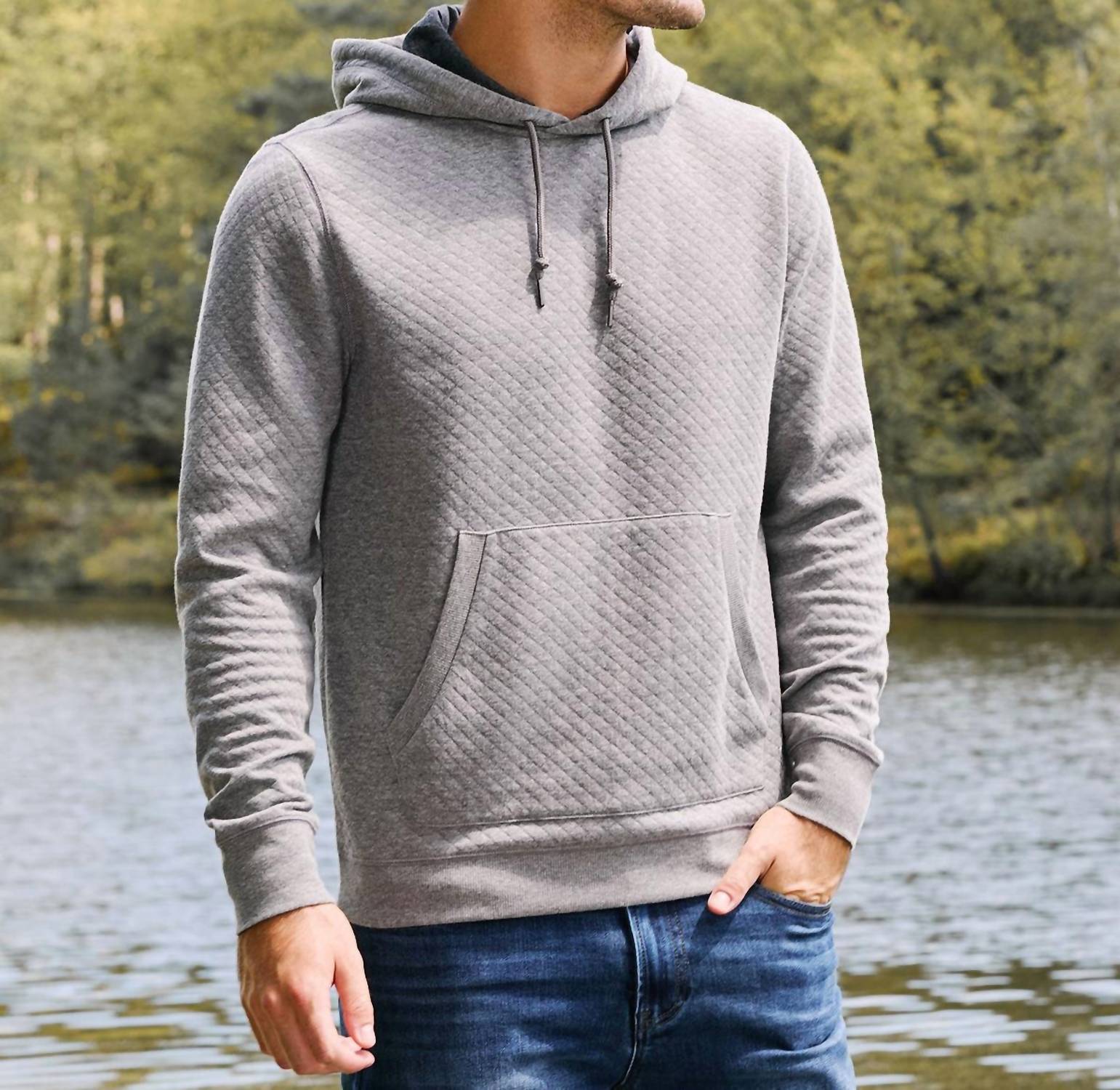 Flags & Anthem Bradner Super-Soft Quilted Hoodie in grey heather - men's shirt - detail view