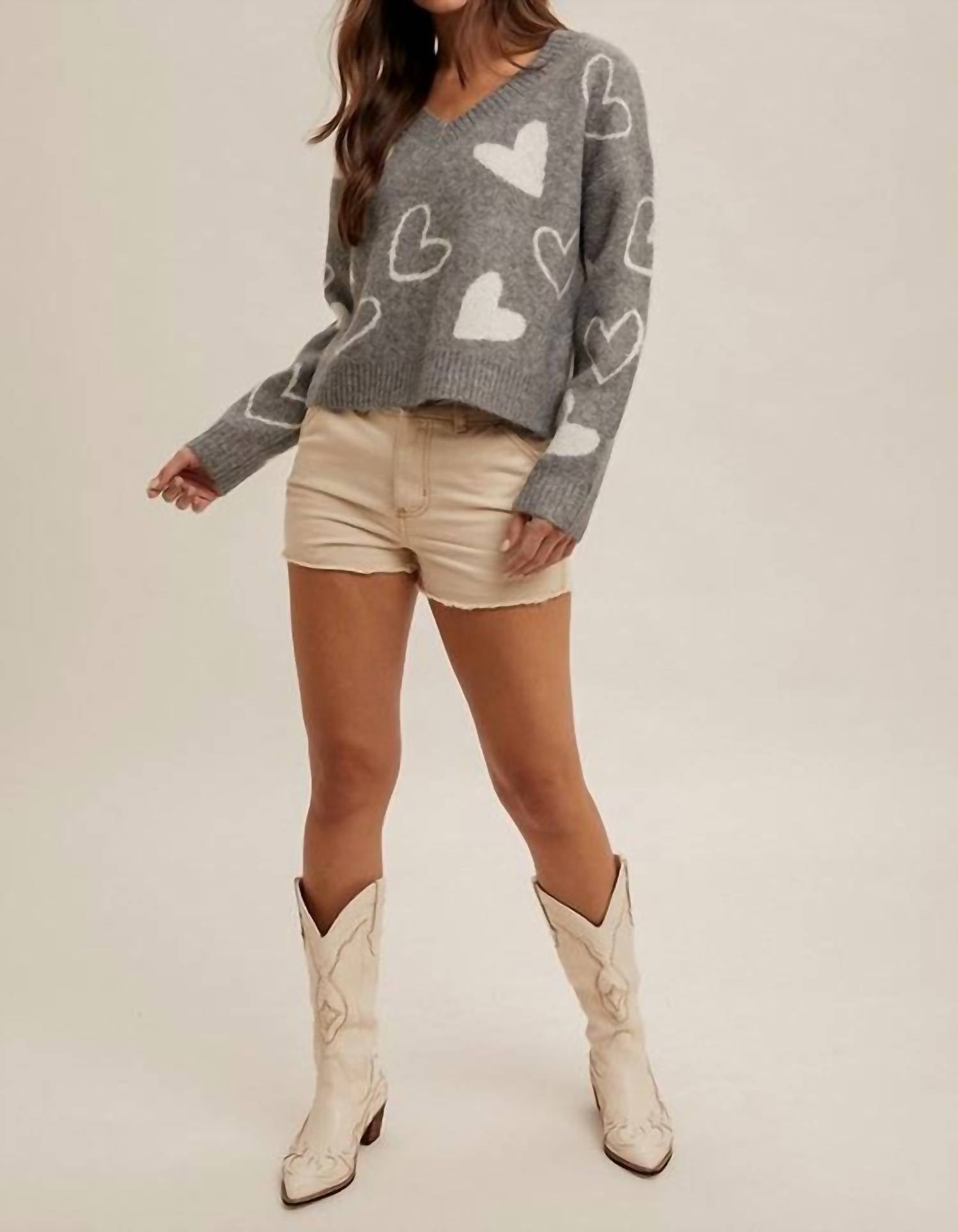 Hem & Thread - Heart V-neck Sweater Top