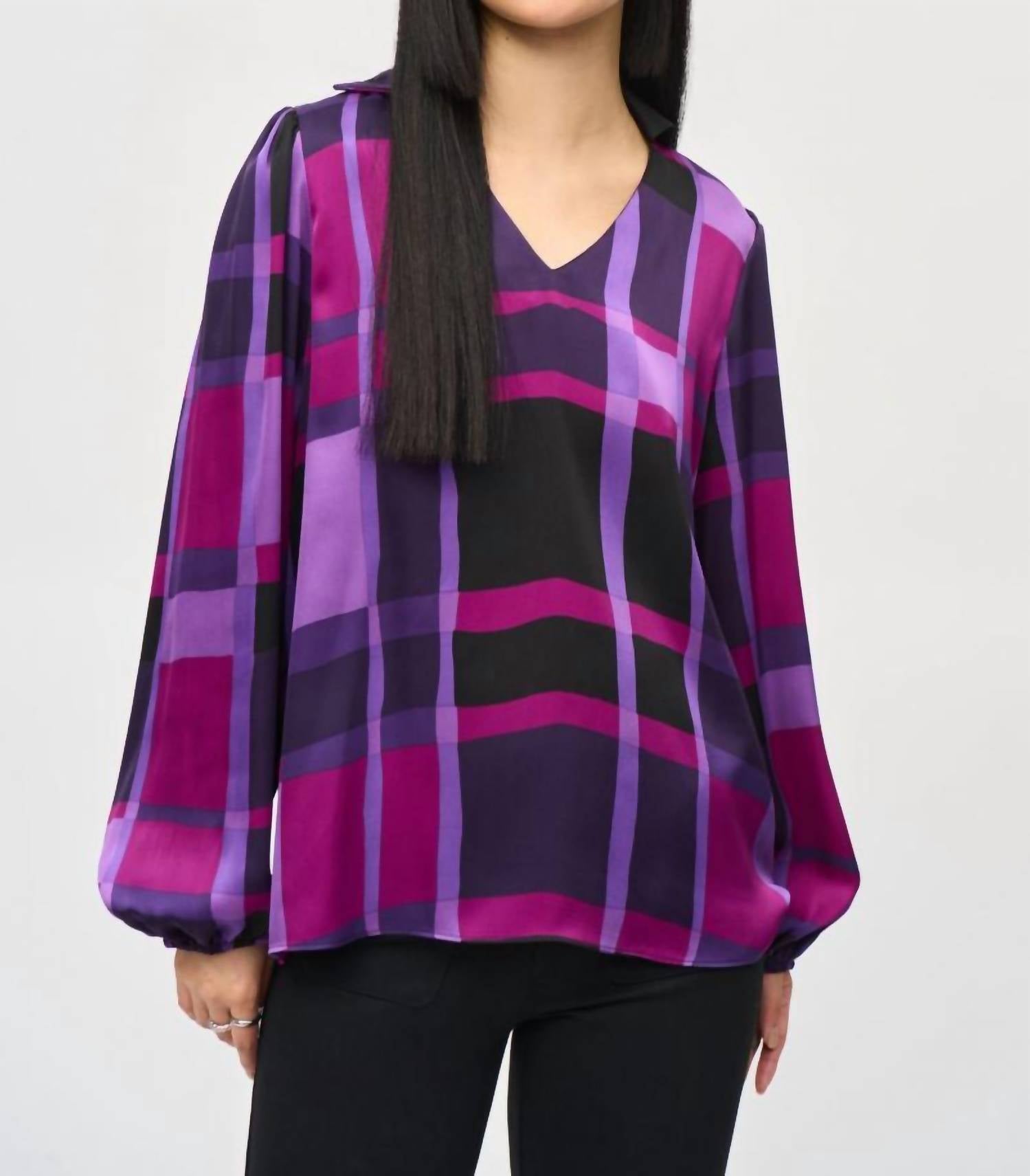 Joseph Ribkoff - Plaid Puff Sleeve Satin Top