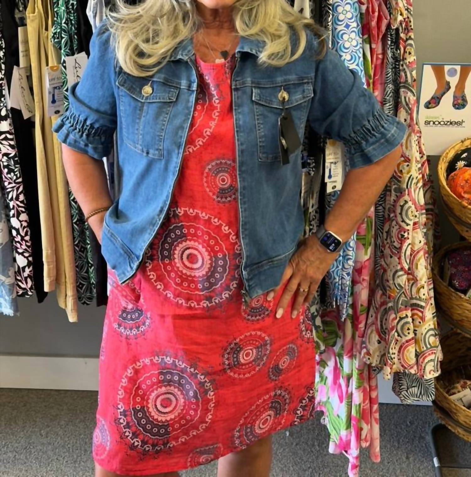 Femme Fatale Linen Print Midi Dress in scarlet - women's dress - detail view