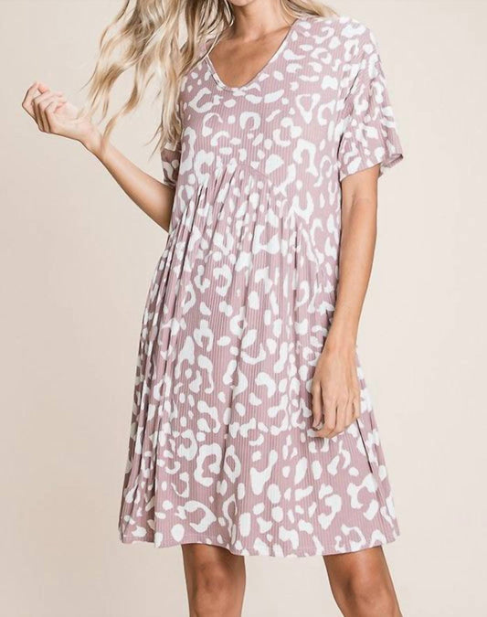 Bombom - Ribbed Animal Print Short Sleeve Dress