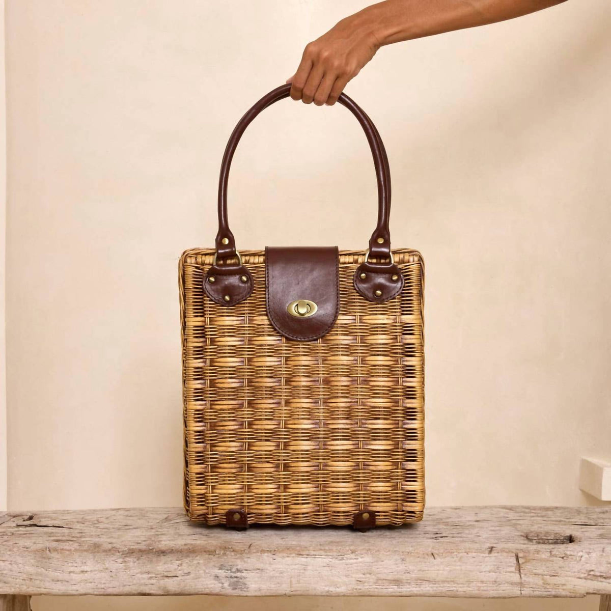 The Winding Road - Women's Large Rattan Handbag With Twist Closure