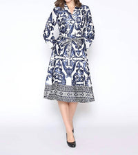 Gracia - Floral Long Sleeve Lapel Collar Tie Belt Dress