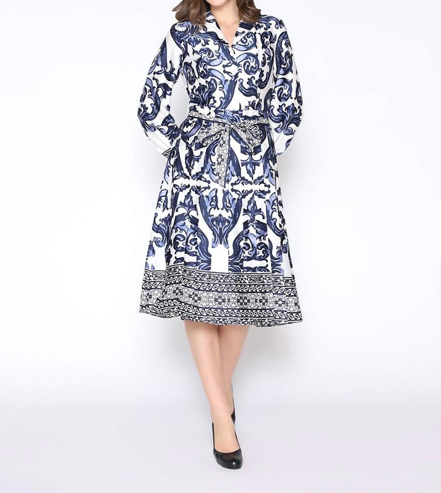 Gracia - Floral Long Sleeve Lapel Collar Tie Belt Dress