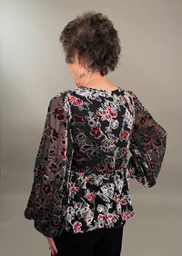 By Together - Elegant Floral Tie-neck Velvet Burnout Blouse