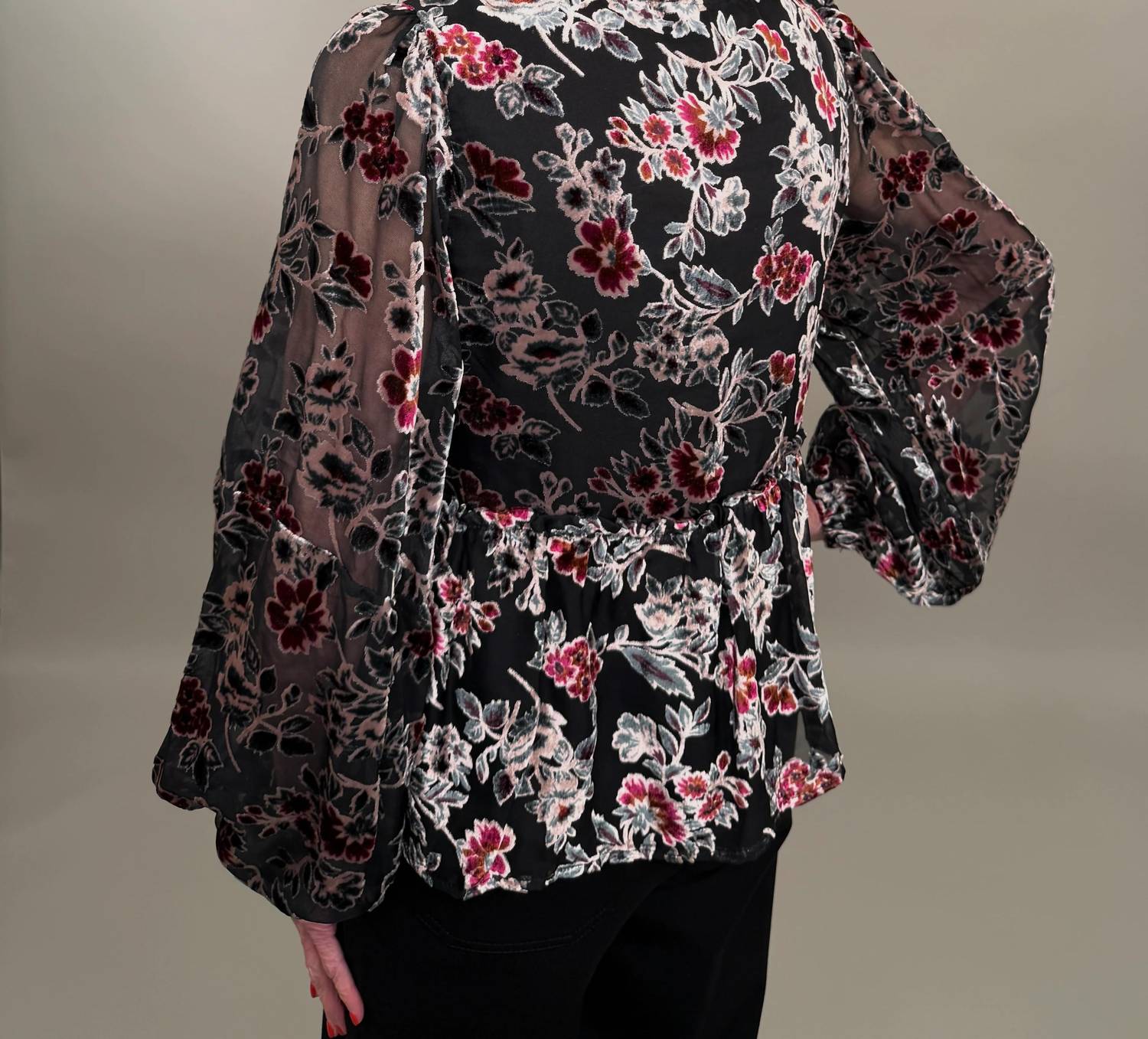 By Together - Elegant Floral Tie-neck Velvet Burnout Blouse