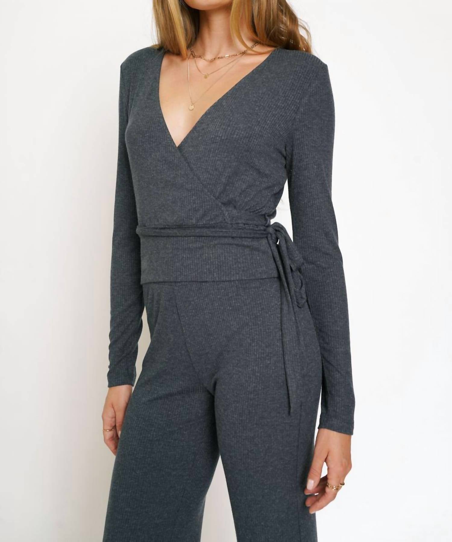 Mystree - Wrap Tie Front Long Sleeve Rib Top