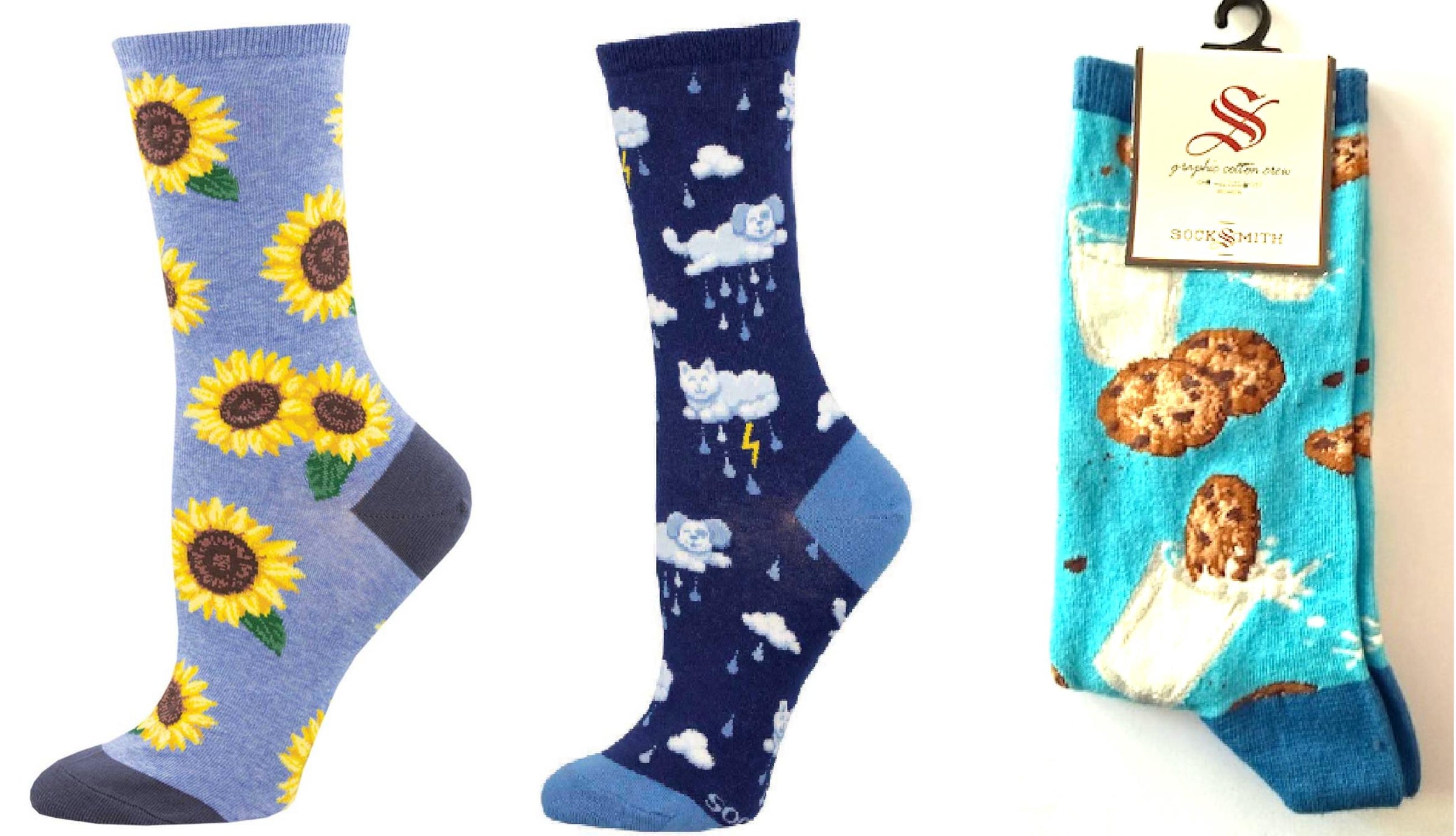Socksmith - Women's More Blooming & Raining Cats And Dogs & Cookies Socks - Set Of 3 Pair