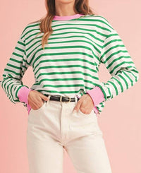 Shewin - Stripe Pullover With Trim Sweatshirt
