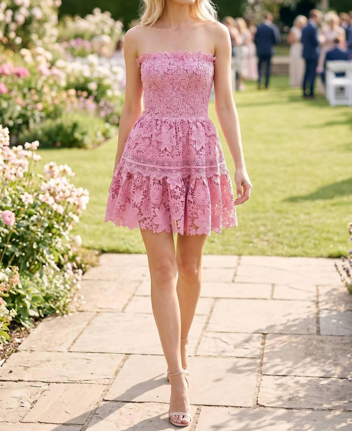 Baby Pink - Strapless Crochet Lace Mini Dress