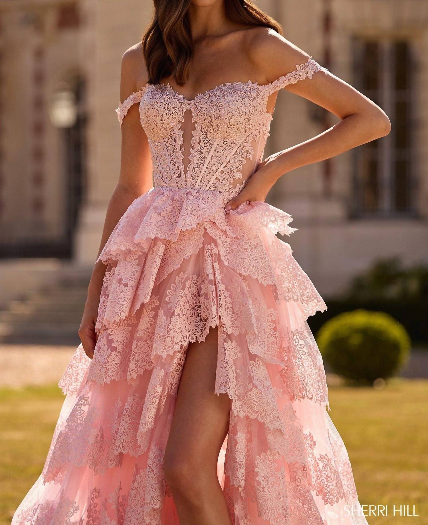 Sherri Hill Ruffle Skirt Off The Shoulder Dress in blush - women's dress - detail view