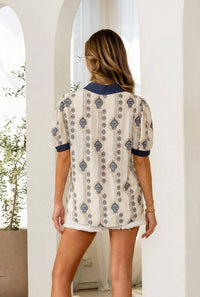 Sew In Love - Relaxed Fit Geometric Print Notch Neck Top