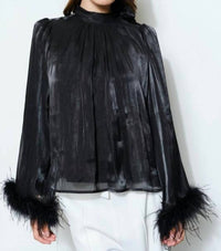 Skies Are Blue - Delphine Metallic Shimmer Bow Tie Feather Hem Blouse Top