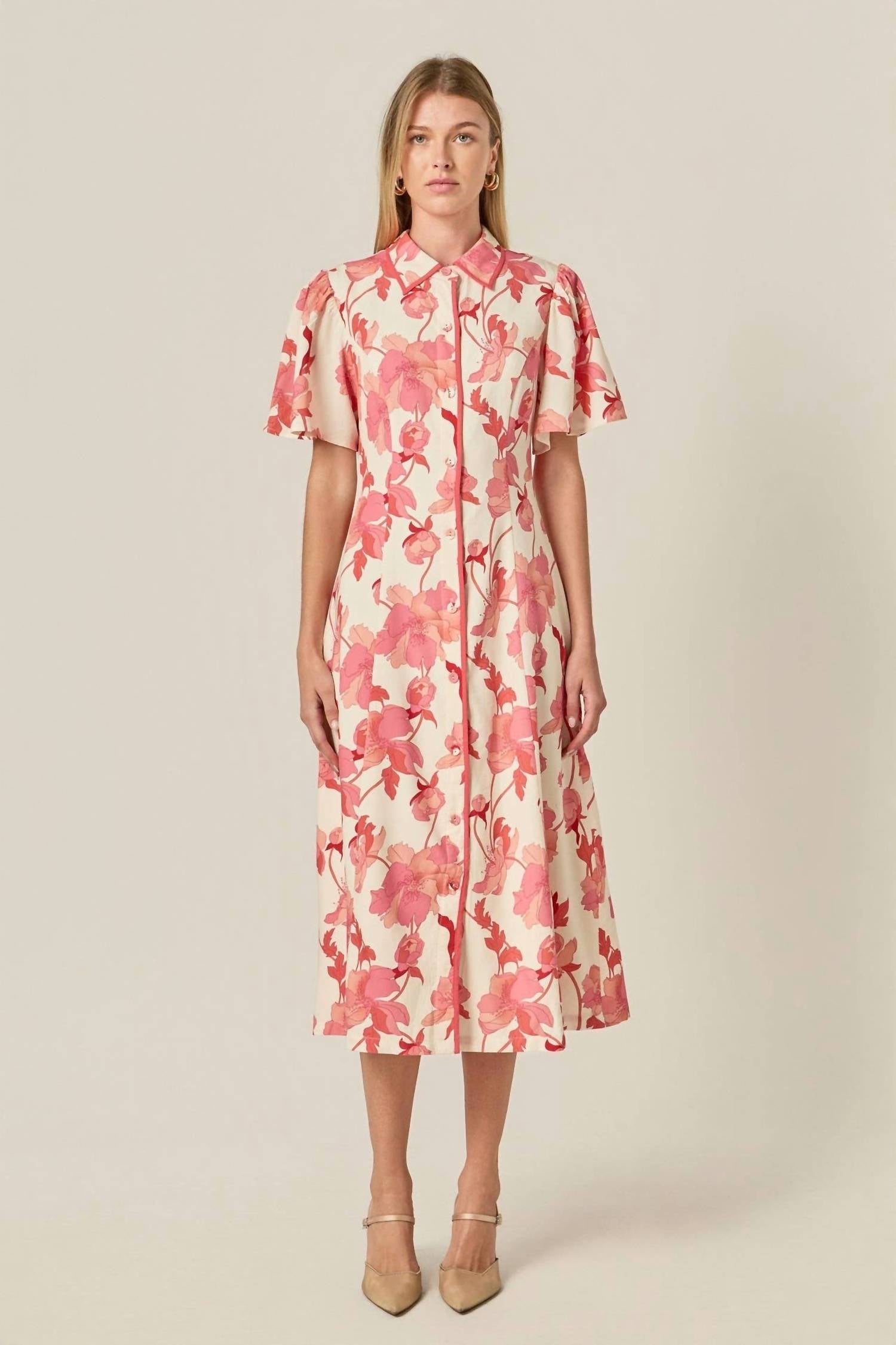 English Factory - Floral Button Front Midi Shirt Dress