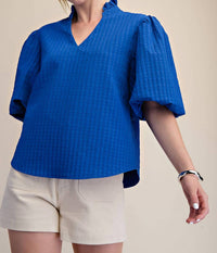 Glam - Puff Sleeve Ruffled Neck Textured Fabric Top