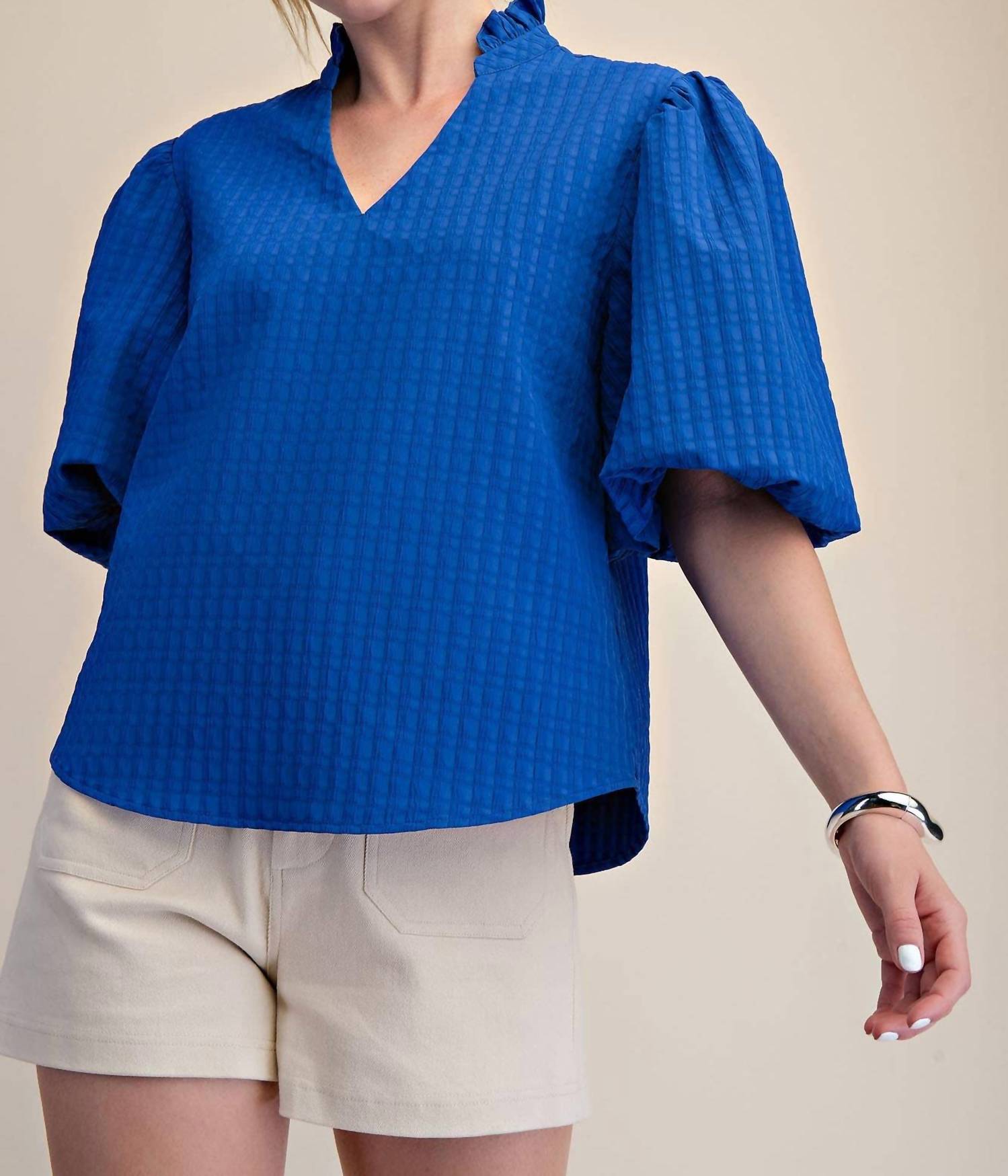 Glam - Puff Sleeve Ruffled Neck Textured Fabric Top