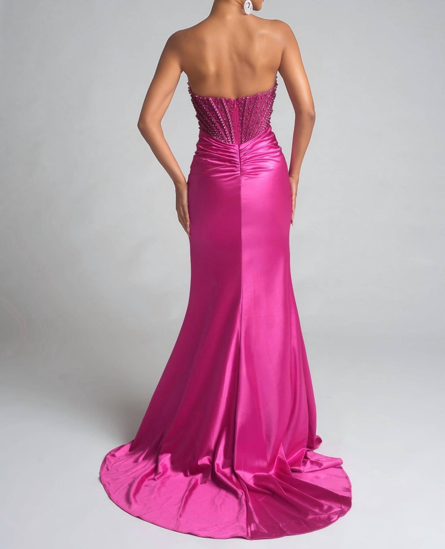 PORTIA&SCARLETT Stunning Satin Daring Prom Gown in fuchsia - women's dress - detail view