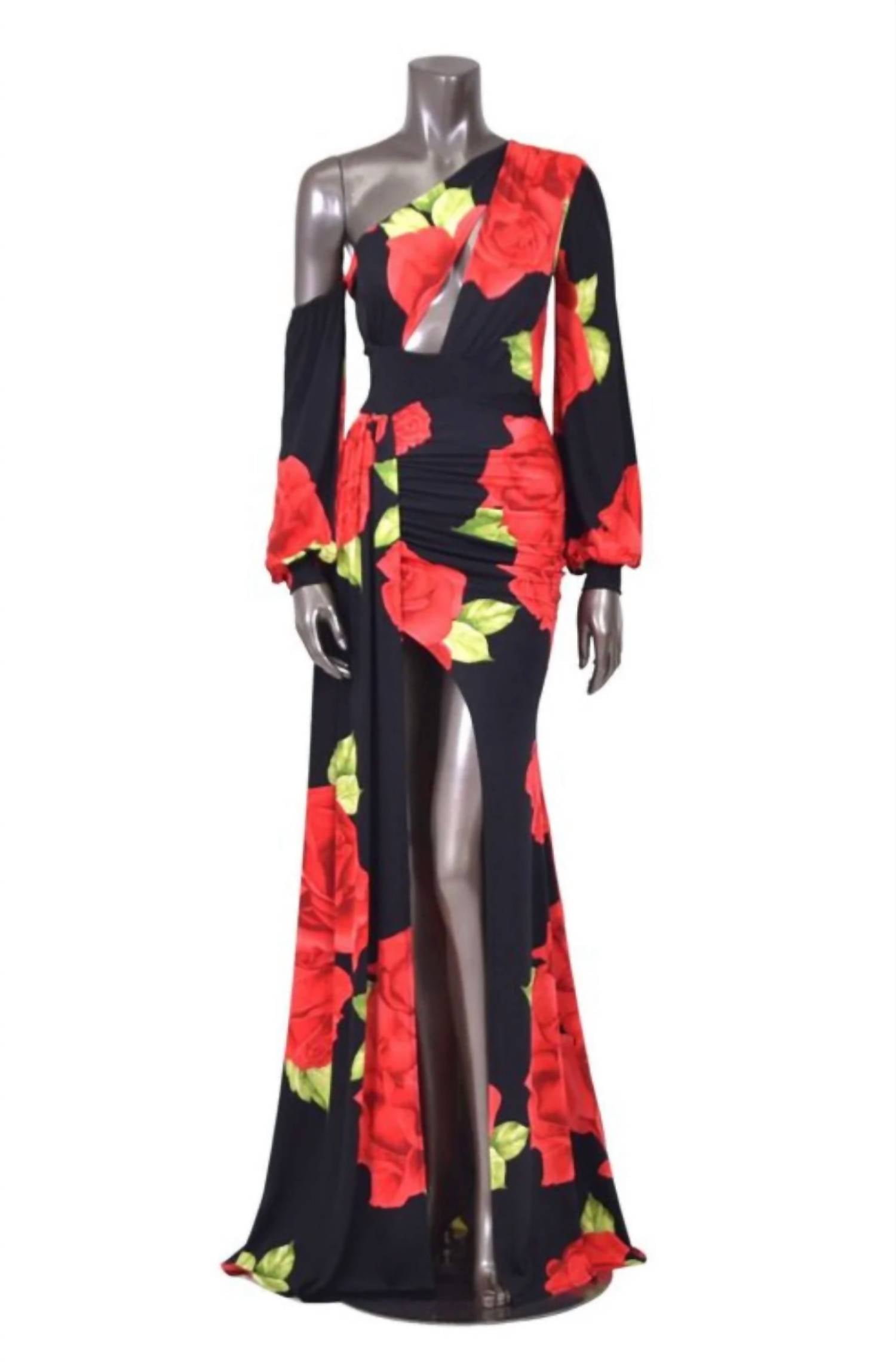 Surelymine - Roses Are Red Asymmetrical Draped Floral Dress