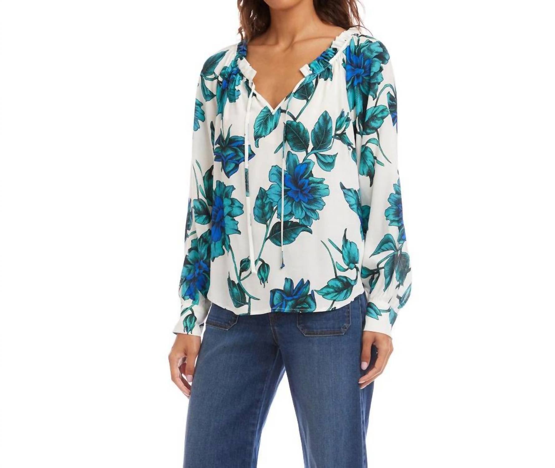 Karen Kane Blouson Sleeve Ruffle Tie-Neck Peasant Top in floral print - women's blouse - detail view