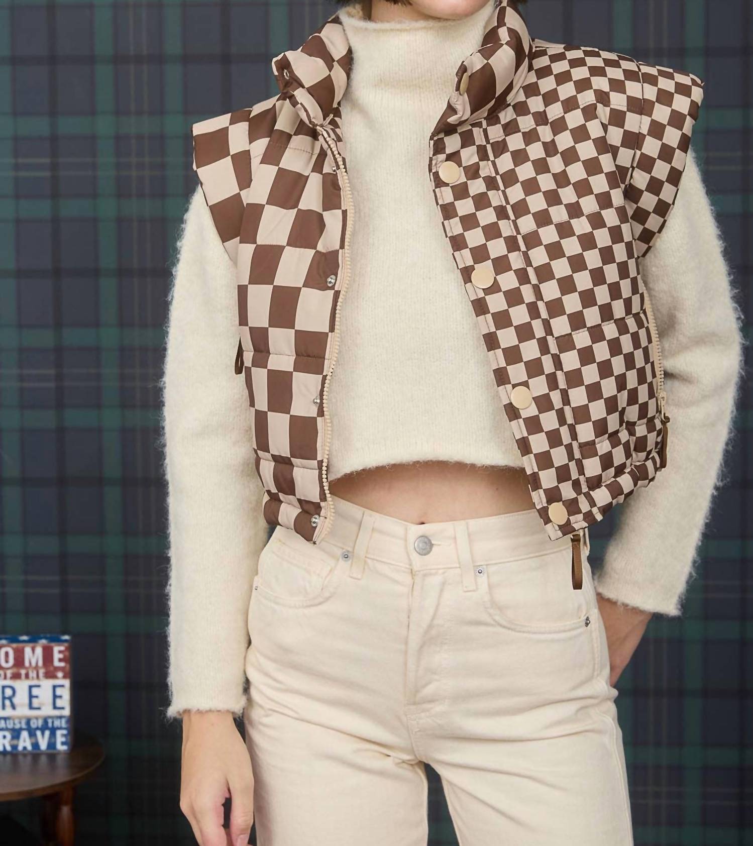 Little Daisy Closet - Checkerboard Stitched Zip Up Stand Neck Vest