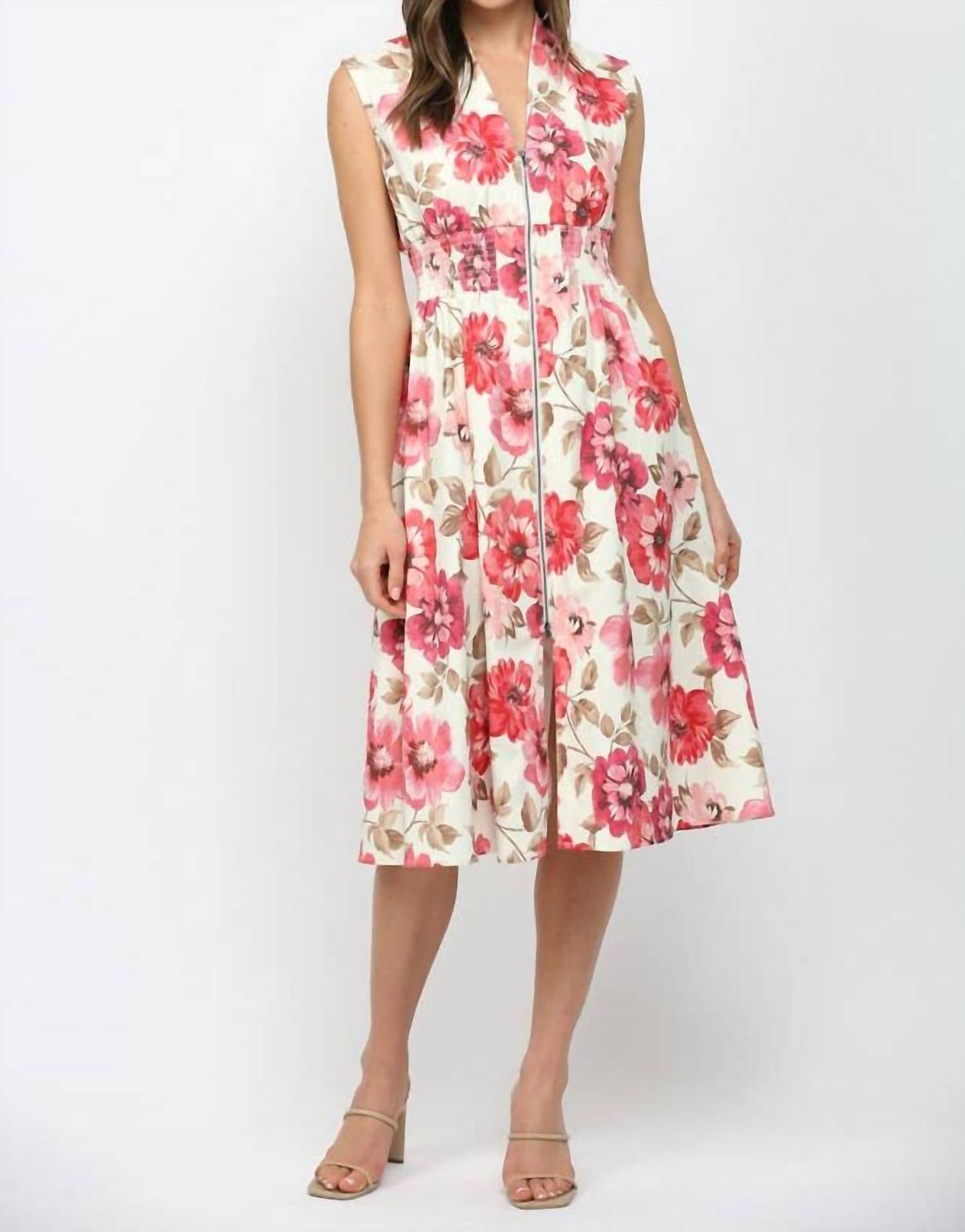 Fate - Floral Smocked Waist Front Zip Dress