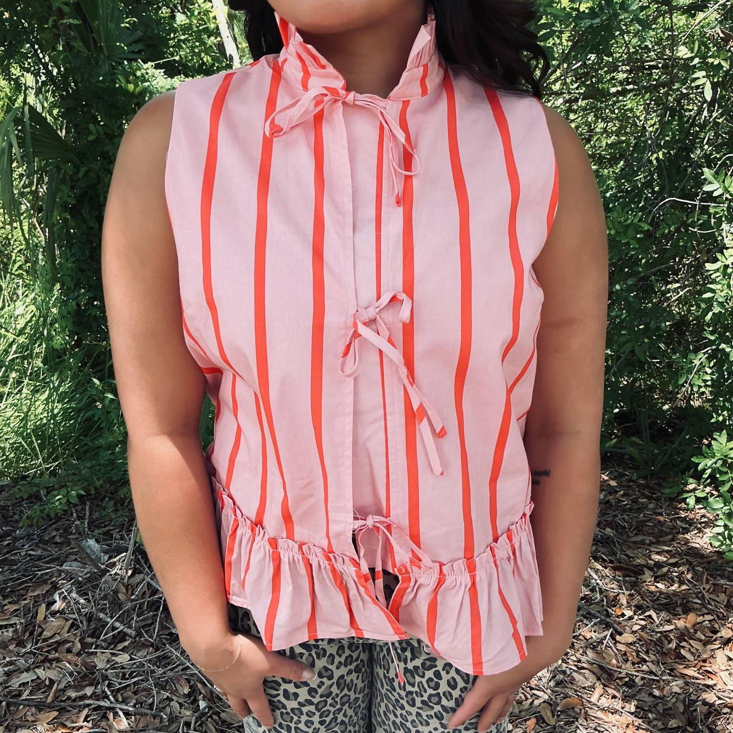 Geegee - Stripe Front Tie Peplum Top Sleeveless