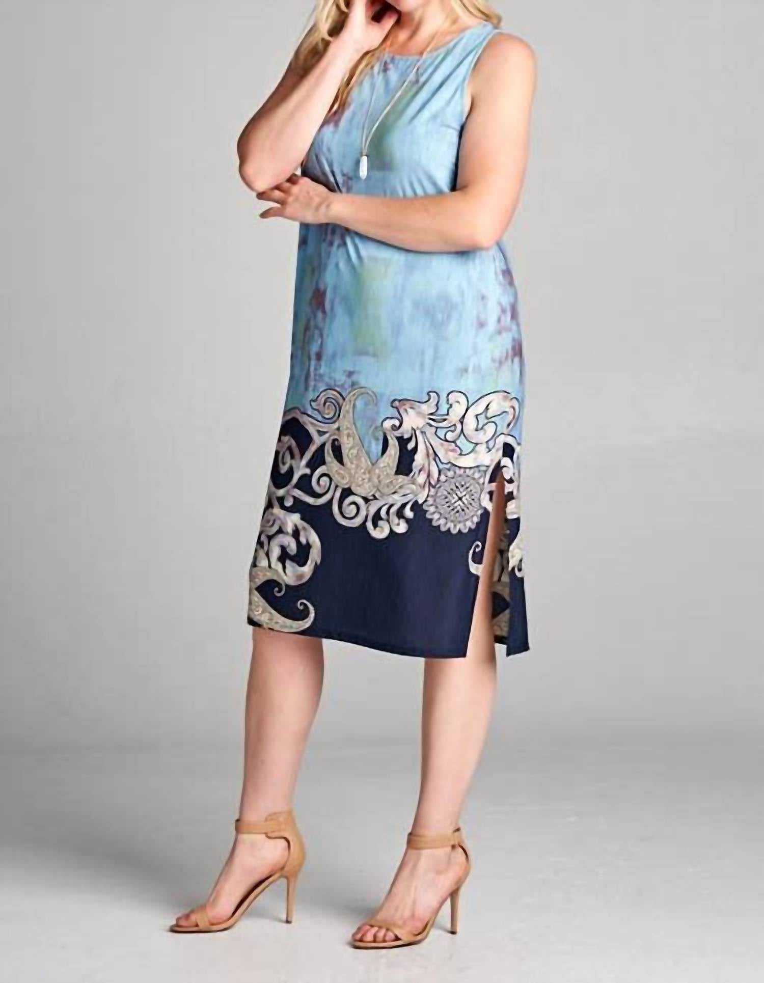 Emerald Collection Watercolor Wash Fitted Sleeveless Knee Dress - Plus in blue - women's dress - alternate view