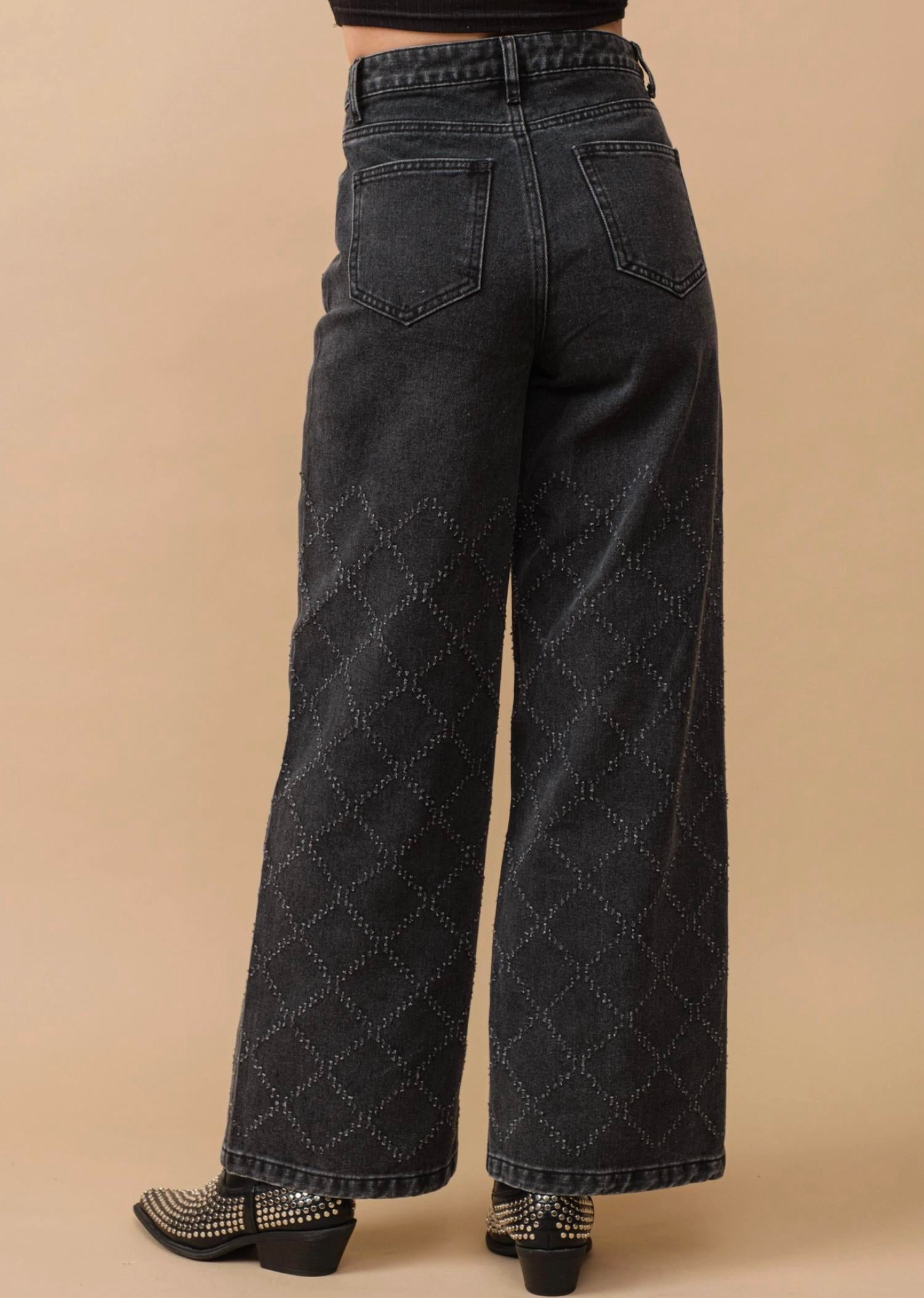 Blue B - Distressed Quilted Slash Wide Leg Mid Rise Denim Jeans
