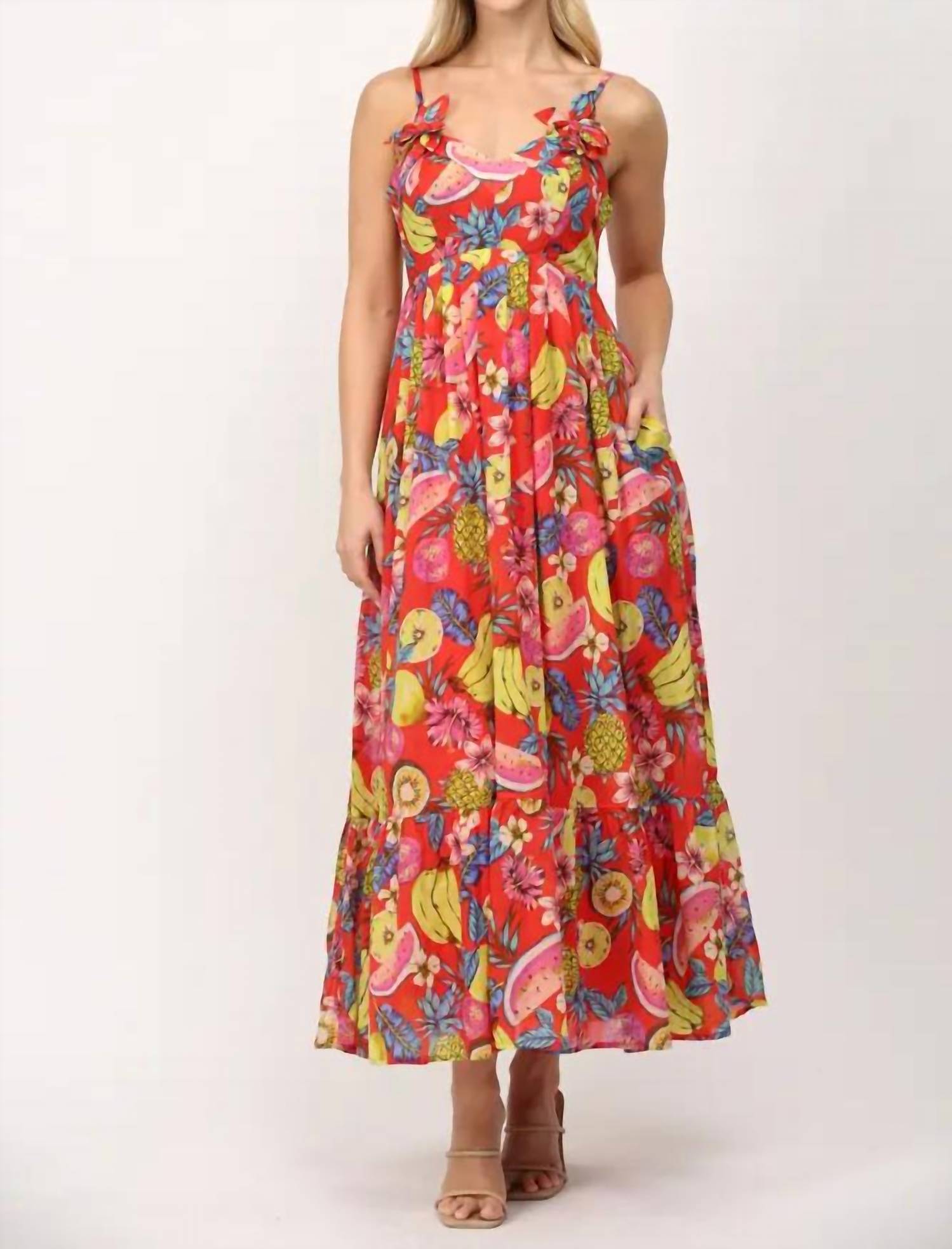 Fate - fruit motif print cotton voile floral trimmed maxi dress